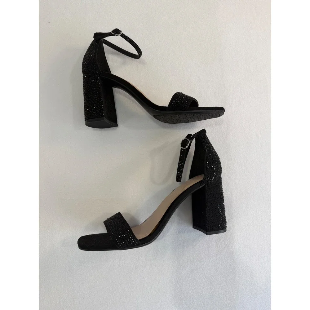 Kelly & Katie Block Heel Sandals SZ 10 Black Rhinestone Ankle Strap Formal Party